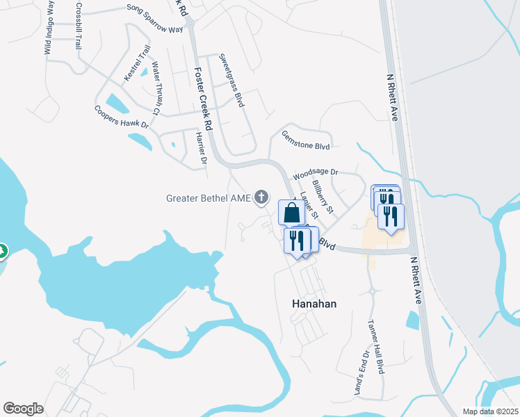 map of restaurants, bars, coffee shops, grocery stores, and more near 1516 Foster Creek Road in Hanahan