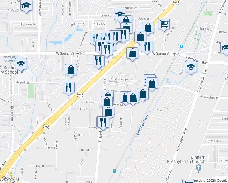 map of restaurants, bars, coffee shops, grocery stores, and more near 613 Anglewood Drive in Richardson