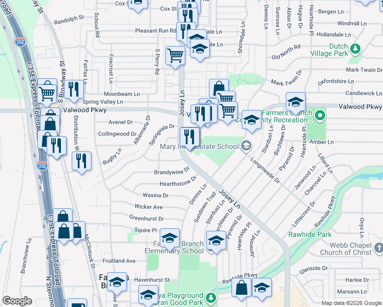 map of restaurants, bars, coffee shops, grocery stores, and more near in Farmers Branch