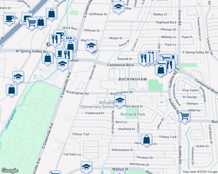 map of restaurants, bars, coffee shops, grocery stores, and more near 411 Buckingham Road in Richardson