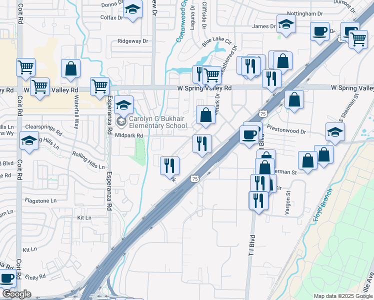 map of restaurants, bars, coffee shops, grocery stores, and more near 13636 Goldmark Drive in Dallas