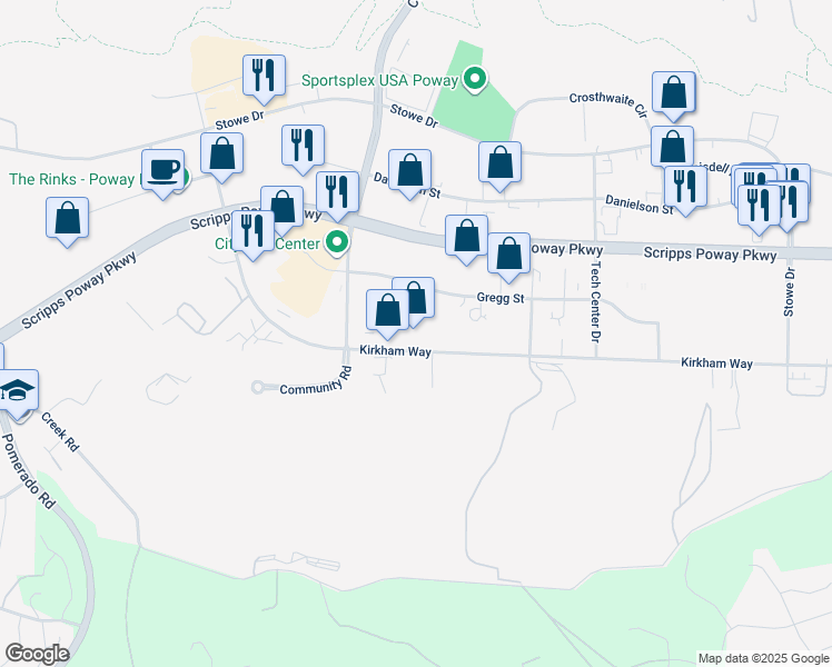 map of restaurants, bars, coffee shops, grocery stores, and more near 13200 Kirkham Way in Poway