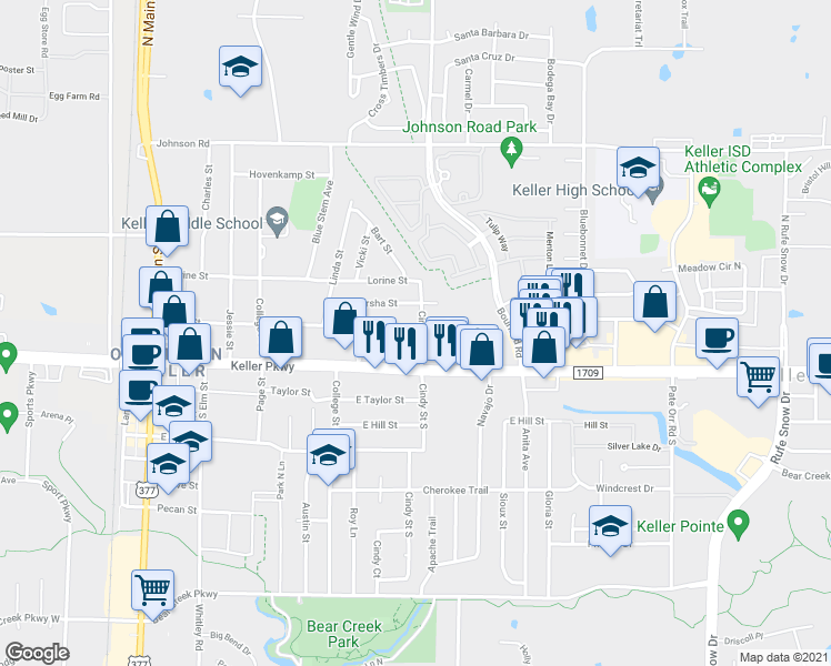 map of restaurants, bars, coffee shops, grocery stores, and more near 440 Pearl Street in Keller