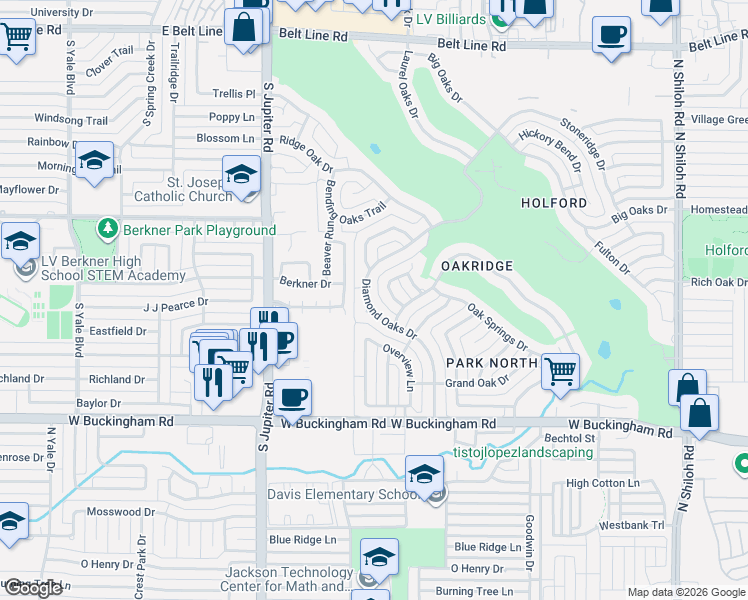 map of restaurants, bars, coffee shops, grocery stores, and more near 2226 Diamond Oaks Drive in Garland