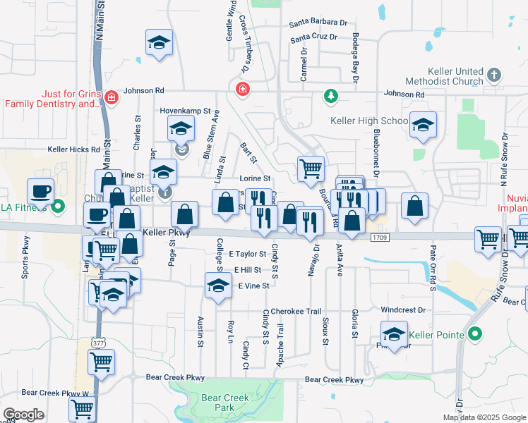 map of restaurants, bars, coffee shops, grocery stores, and more near 440 Pearl Street in Keller