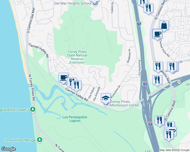 map of restaurants, bars, coffee shops, grocery stores, and more near 12911 Via Grimaldi in Del Mar