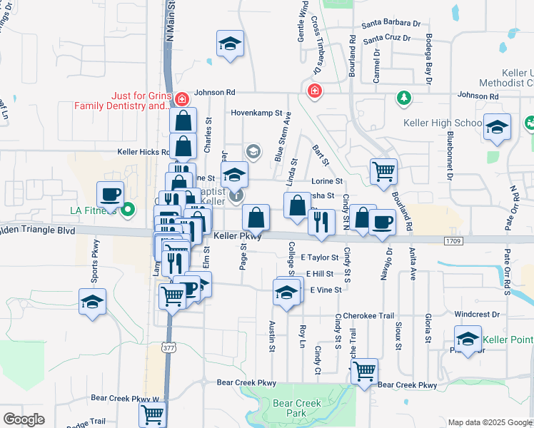 map of restaurants, bars, coffee shops, grocery stores, and more near 352 Pearl Street in Keller