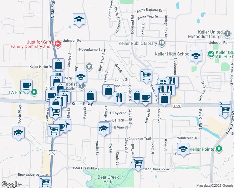 map of restaurants, bars, coffee shops, grocery stores, and more near 424 Pearl Street in Keller
