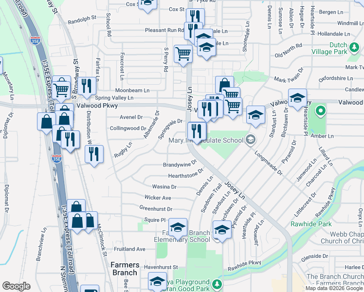 map of restaurants, bars, coffee shops, grocery stores, and more near 2624 Overland Drive in Farmers Branch