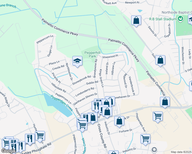 map of restaurants, bars, coffee shops, grocery stores, and more near 7648 Brandywine Road in North Charleston