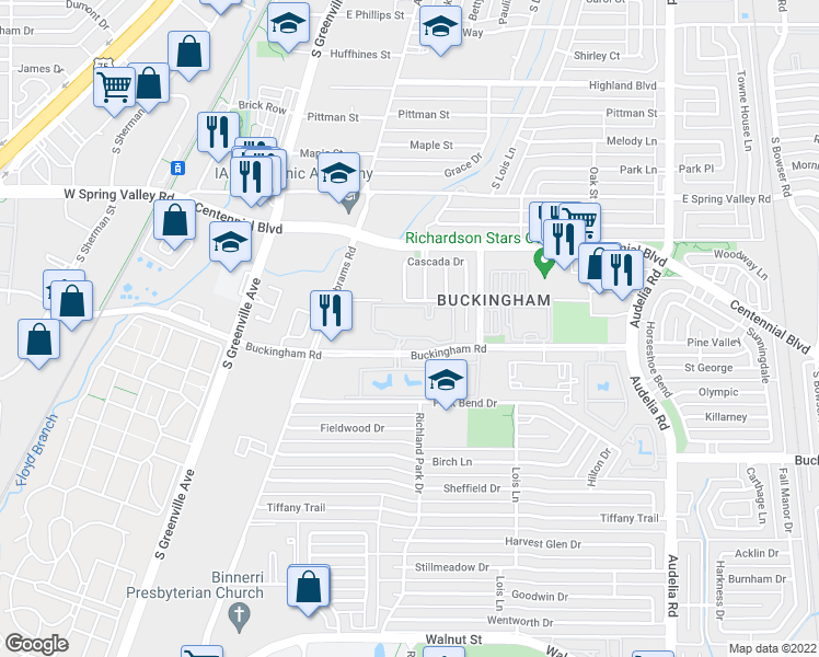 map of restaurants, bars, coffee shops, grocery stores, and more near 411 Buckingham Road in Richardson