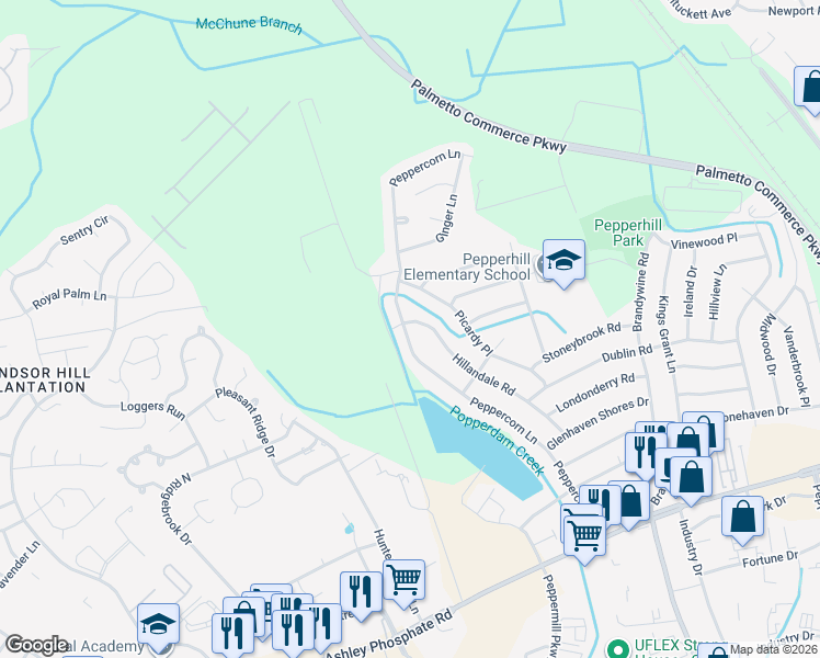 map of restaurants, bars, coffee shops, grocery stores, and more near 7699 Hillandale Road in North Charleston