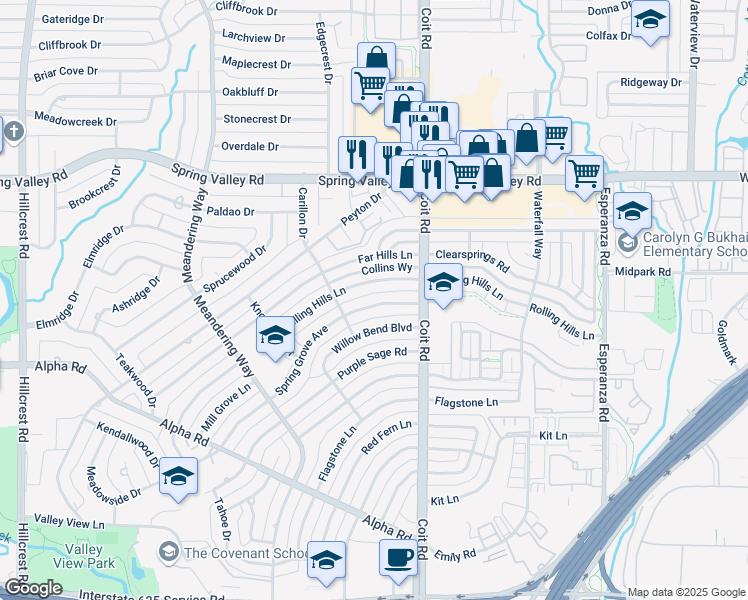 map of restaurants, bars, coffee shops, grocery stores, and more near 13731 Spring Grove Avenue in Dallas