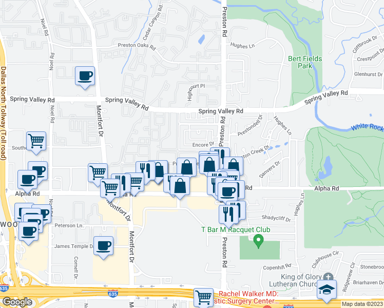 map of restaurants, bars, coffee shops, grocery stores, and more near 5881 Preston View Boulevard in Dallas