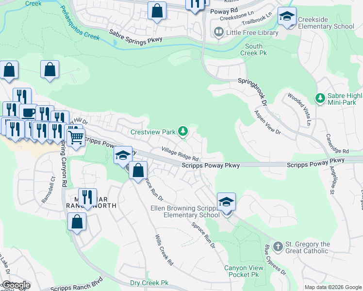 map of restaurants, bars, coffee shops, grocery stores, and more near 11466 Village Ridge Road in San Diego