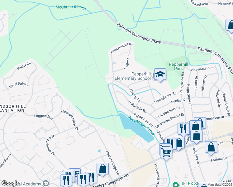 map of restaurants, bars, coffee shops, grocery stores, and more near 7699 Hillandale Road in North Charleston