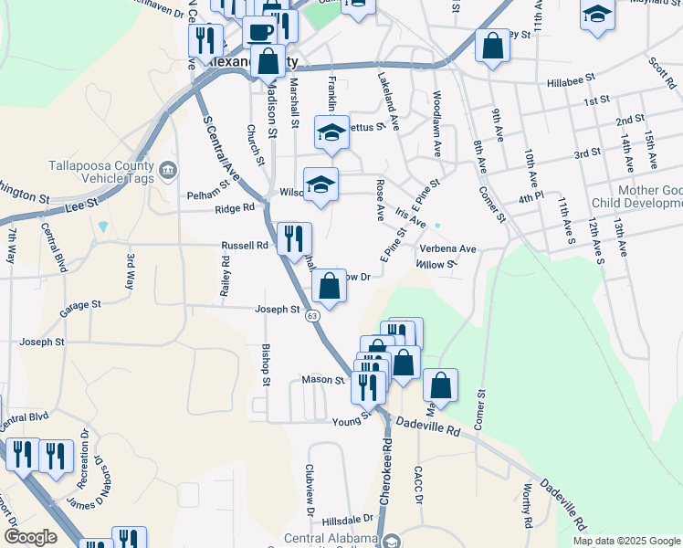 map of restaurants, bars, coffee shops, grocery stores, and more near 140 Willow Drive in Alexander City