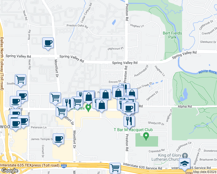 map of restaurants, bars, coffee shops, grocery stores, and more near 5881 Preston View Boulevard in Dallas