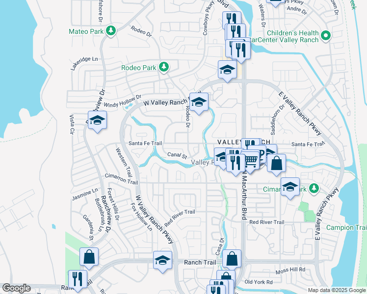 map of restaurants, bars, coffee shops, grocery stores, and more near 9523 Rodeo Drive in Irving