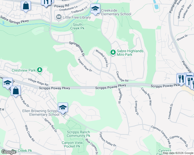 map of restaurants, bars, coffee shops, grocery stores, and more near 11895 Aspen View Drive in San Diego