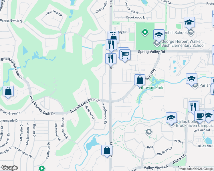 map of restaurants, bars, coffee shops, grocery stores, and more near 14030 Tanglewood Court in Farmers Branch