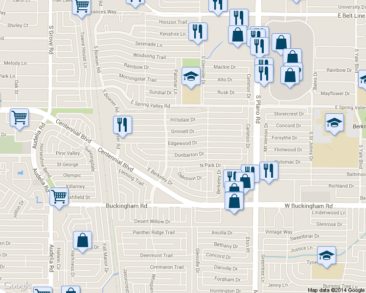 map of restaurants, bars, coffee shops, grocery stores, and more near 1102 Edgewood Drive in Richardson