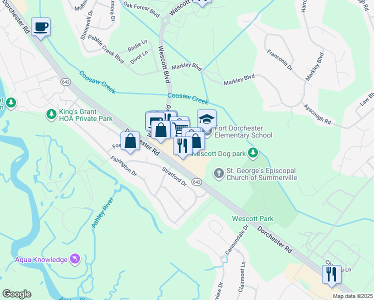 map of restaurants, bars, coffee shops, grocery stores, and more near 9500 Dorchester Road in Summerville