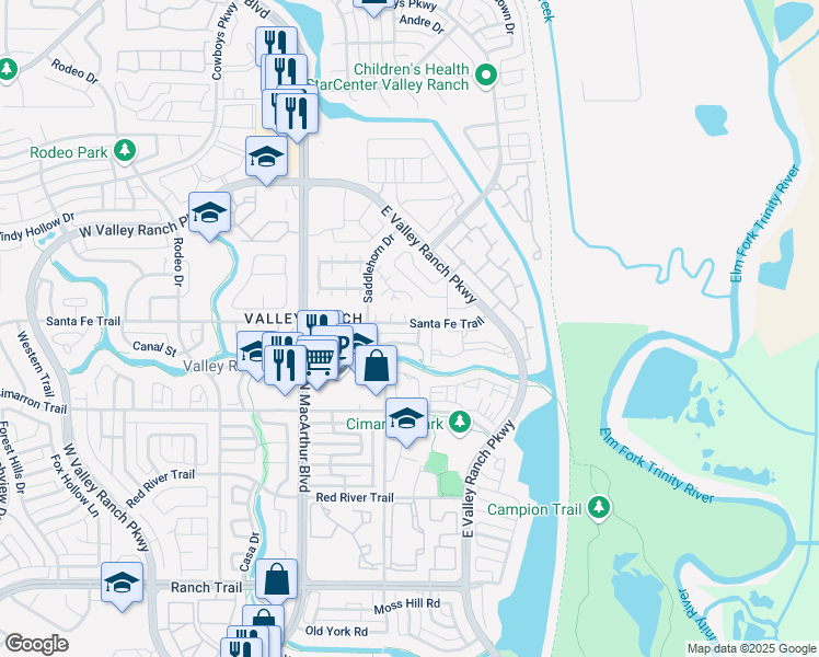 map of restaurants, bars, coffee shops, grocery stores, and more near 302 Santa Fe Trail in Irving