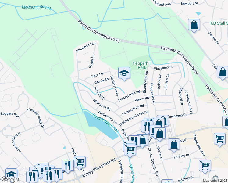 map of restaurants, bars, coffee shops, grocery stores, and more near 7651 Northhaven Drive in North Charleston