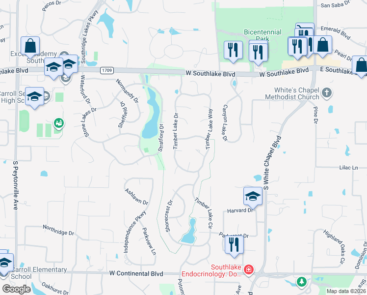map of restaurants, bars, coffee shops, grocery stores, and more near 801 Woodcrest Court in Southlake