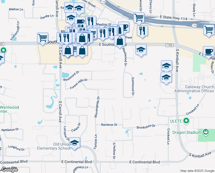map of restaurants, bars, coffee shops, grocery stores, and more near 1306 Kings Brook Court in Southlake