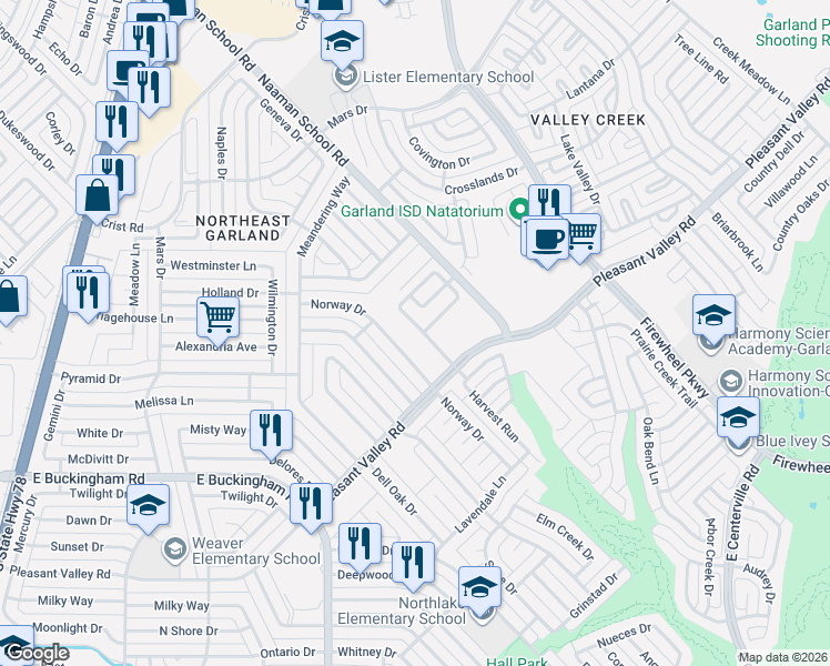 map of restaurants, bars, coffee shops, grocery stores, and more near 2405 Shalimar Drive in Garland