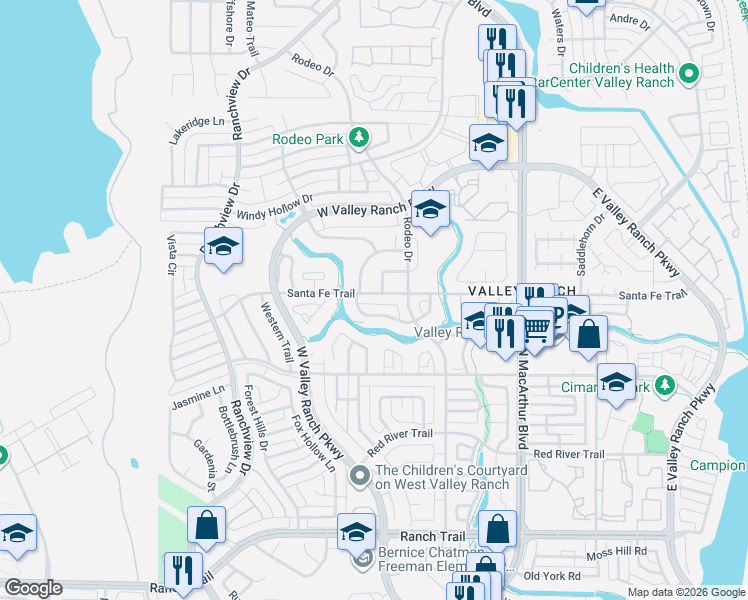 map of restaurants, bars, coffee shops, grocery stores, and more near 904 Santa Fe Trail in Irving