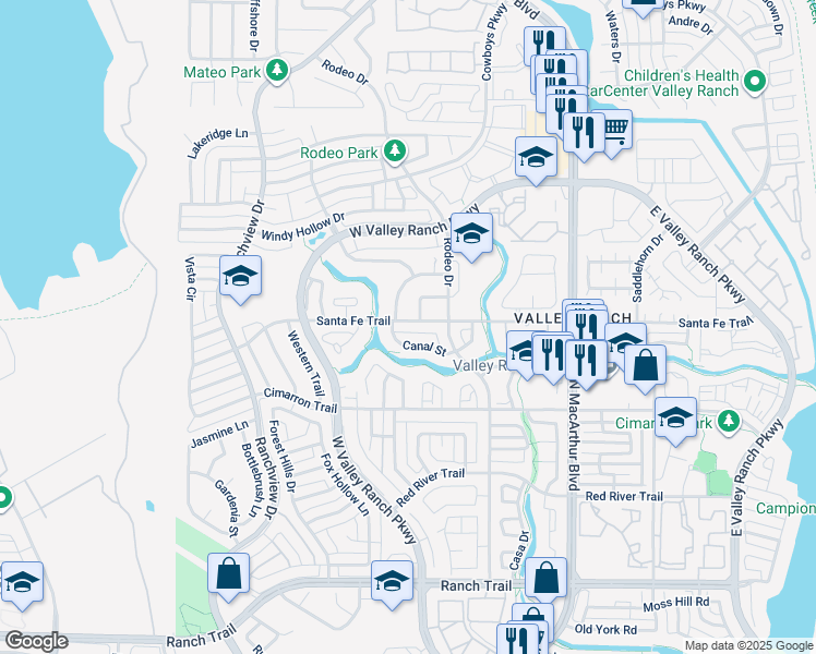 map of restaurants, bars, coffee shops, grocery stores, and more near 906 Santa Fe Trail in Irving