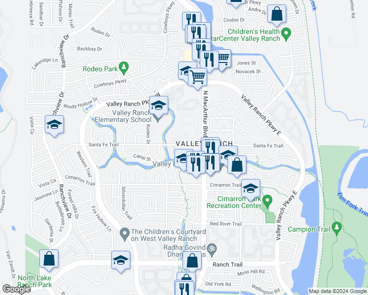 map of restaurants, bars, coffee shops, grocery stores, and more near 536 Santa Fe Trail in Irving