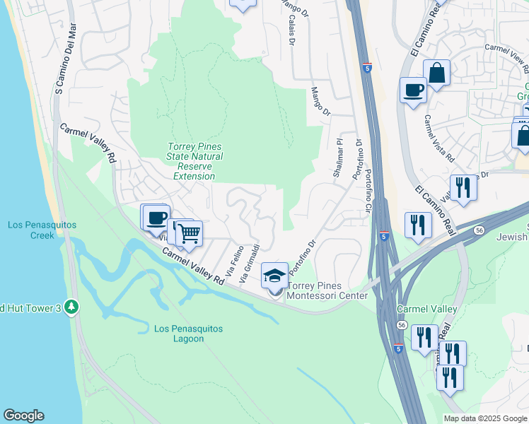 map of restaurants, bars, coffee shops, grocery stores, and more near 13027 Via Latina in Del Mar
