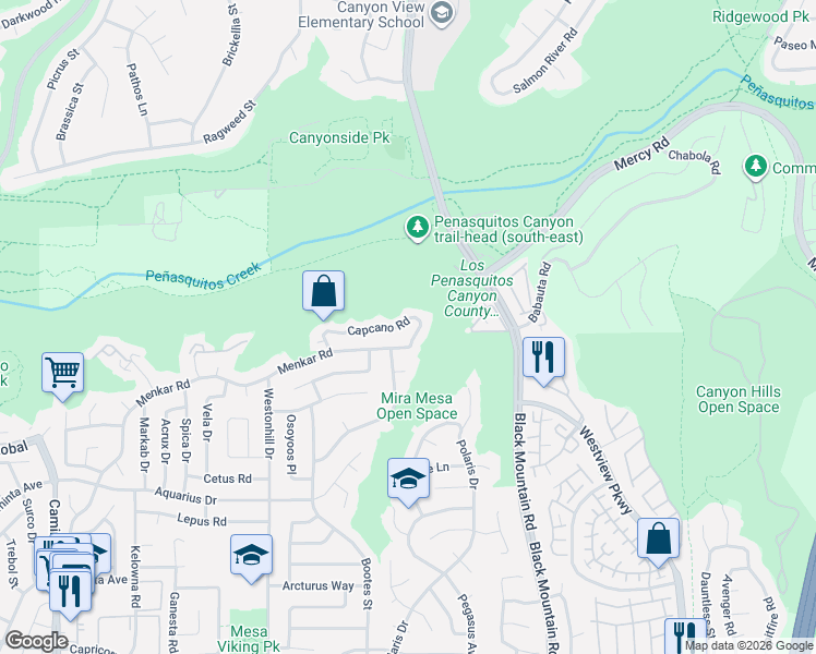 map of restaurants, bars, coffee shops, grocery stores, and more near 8963 Capcano Road in San Diego