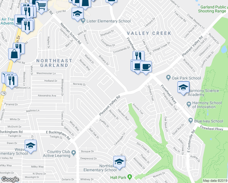 map of restaurants, bars, coffee shops, grocery stores, and more near 2314 Shalimar Drive in Garland