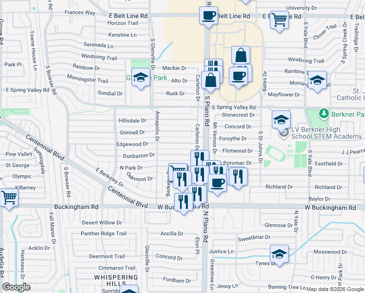 map of restaurants, bars, coffee shops, grocery stores, and more near 1319 Dunbarton Drive in Richardson