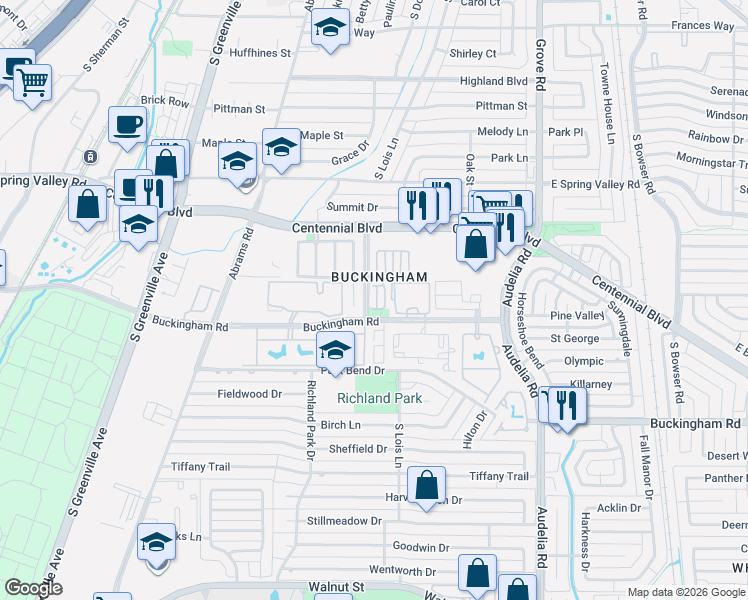 map of restaurants, bars, coffee shops, grocery stores, and more near 535 Buckingham Road in Richardson