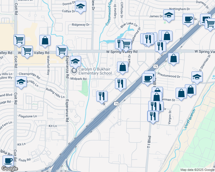 map of restaurants, bars, coffee shops, grocery stores, and more near 13636 Goldmark Drive in Dallas