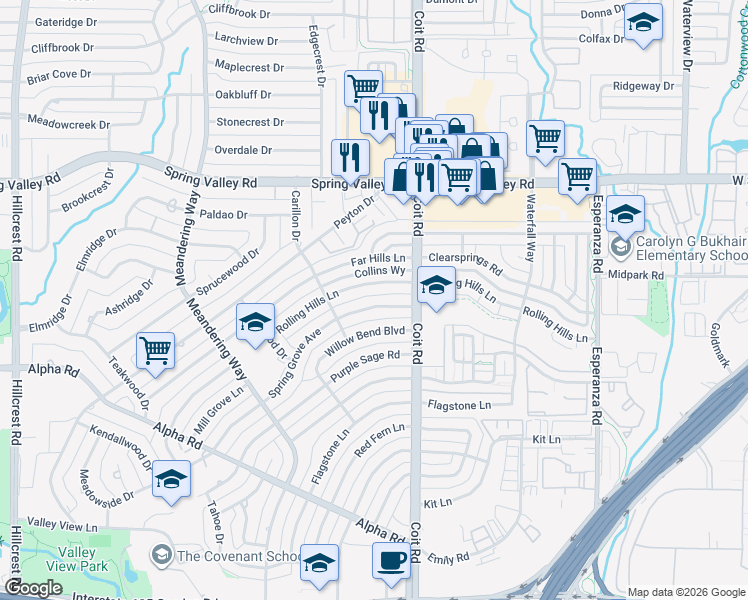 map of restaurants, bars, coffee shops, grocery stores, and more near 13731 Spring Grove Avenue in Dallas