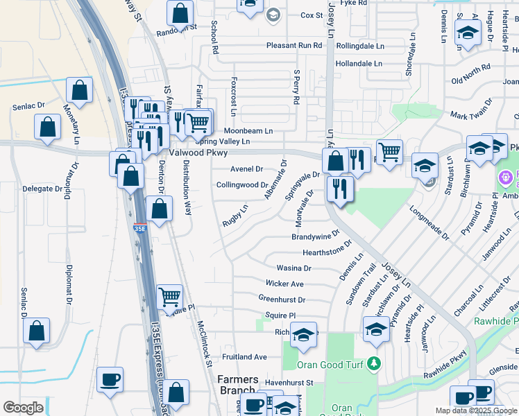 map of restaurants, bars, coffee shops, grocery stores, and more near 2540 Rugby Lane in Farmers Branch