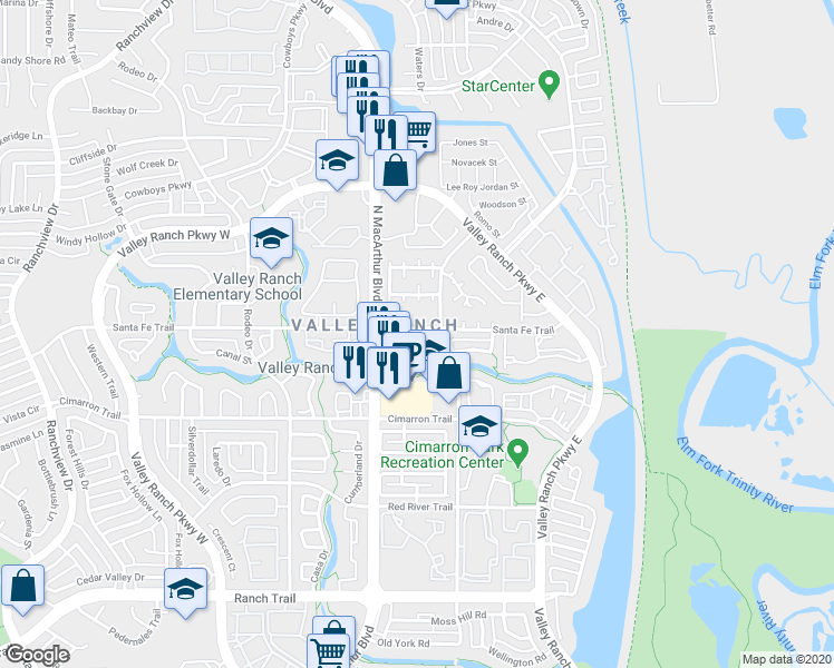 map of restaurants, bars, coffee shops, grocery stores, and more near 400 Santa Fe Trail in Irving