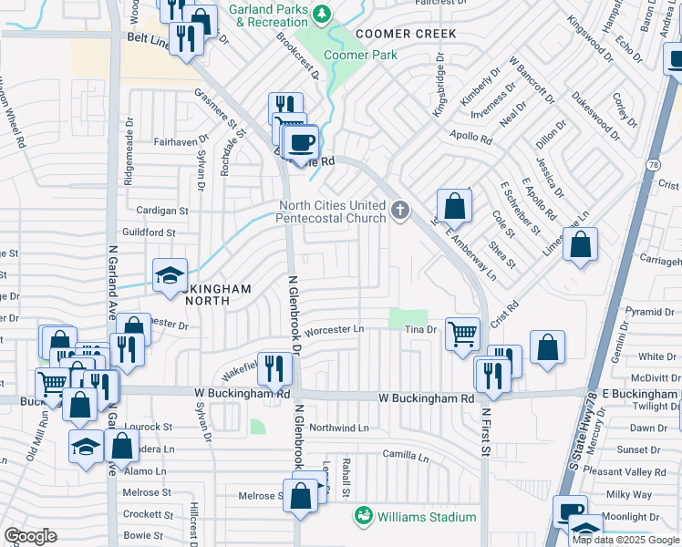 map of restaurants, bars, coffee shops, grocery stores, and more near 2302 Royal Oaks Circle in Garland