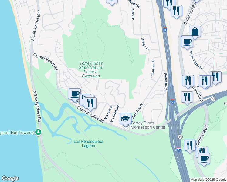 map of restaurants, bars, coffee shops, grocery stores, and more near 12927 Via Grimaldi in Del Mar