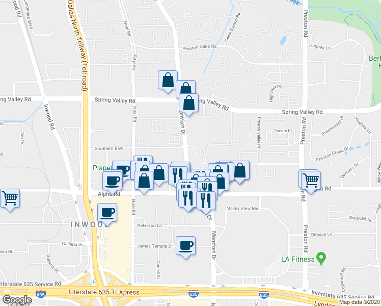 map of restaurants, bars, coffee shops, grocery stores, and more near 13800 Montfort Drive in Dallas