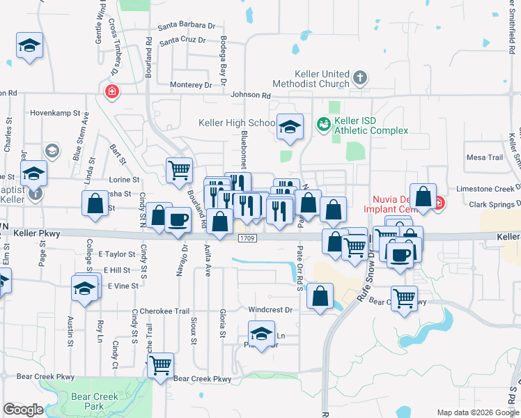 map of restaurants, bars, coffee shops, grocery stores, and more near 730 Bluebonnet Drive in Keller
