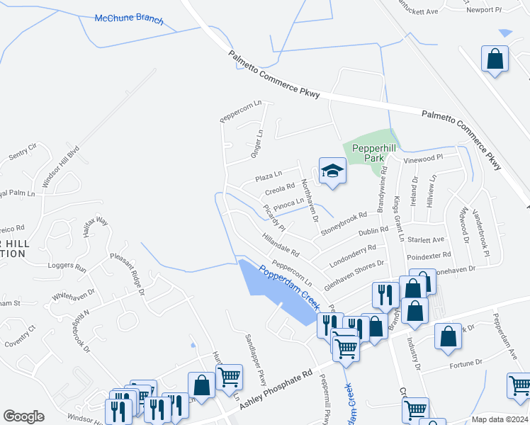 map of restaurants, bars, coffee shops, grocery stores, and more near 7691 Picardy Place in North Charleston