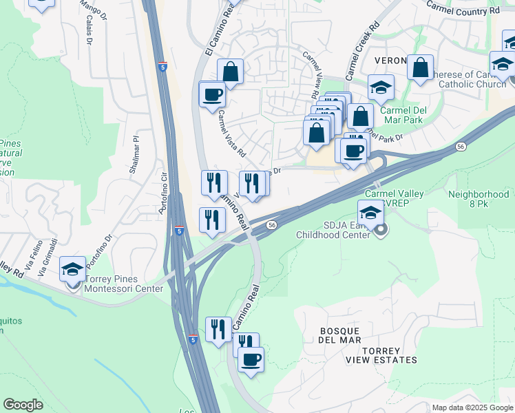 map of restaurants, bars, coffee shops, grocery stores, and more near 11915 El Camino Real in San Diego
